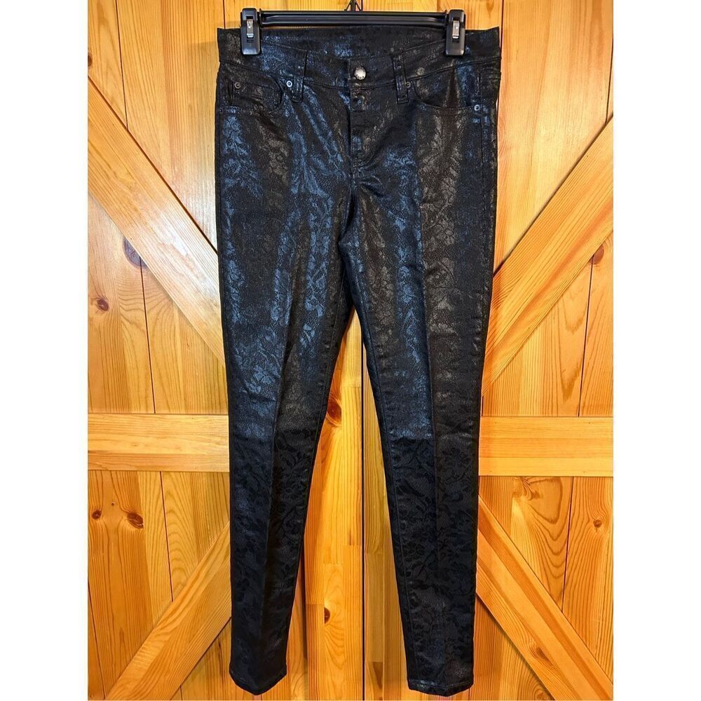 Bisou Bisou Michele Bohbot Size 4 Black Blue Shimmer Floral Skinny Denim Jeans (